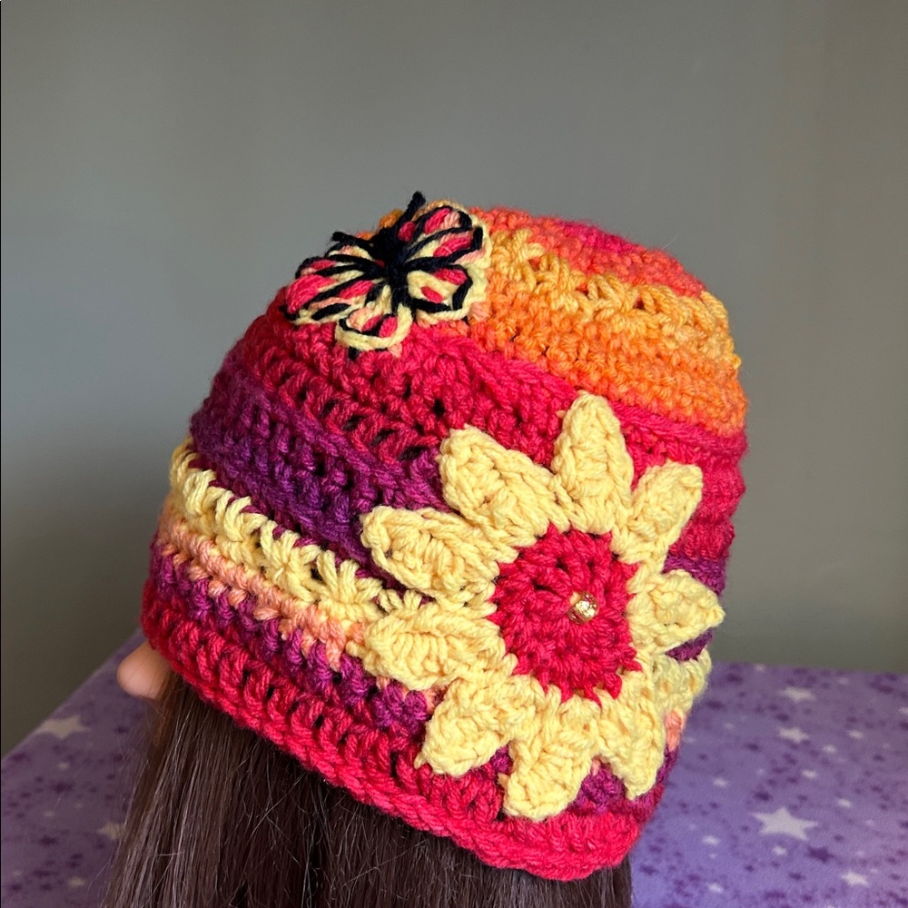 Crochet flower butterfly medium beanie single strand acrylic new